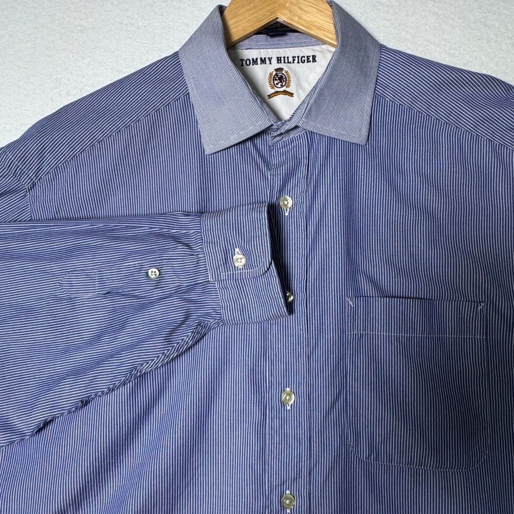 Tommy Hilfiger Mens 16.5‎ 35 Blue Stripe Dress Shirt Cotton Button Down